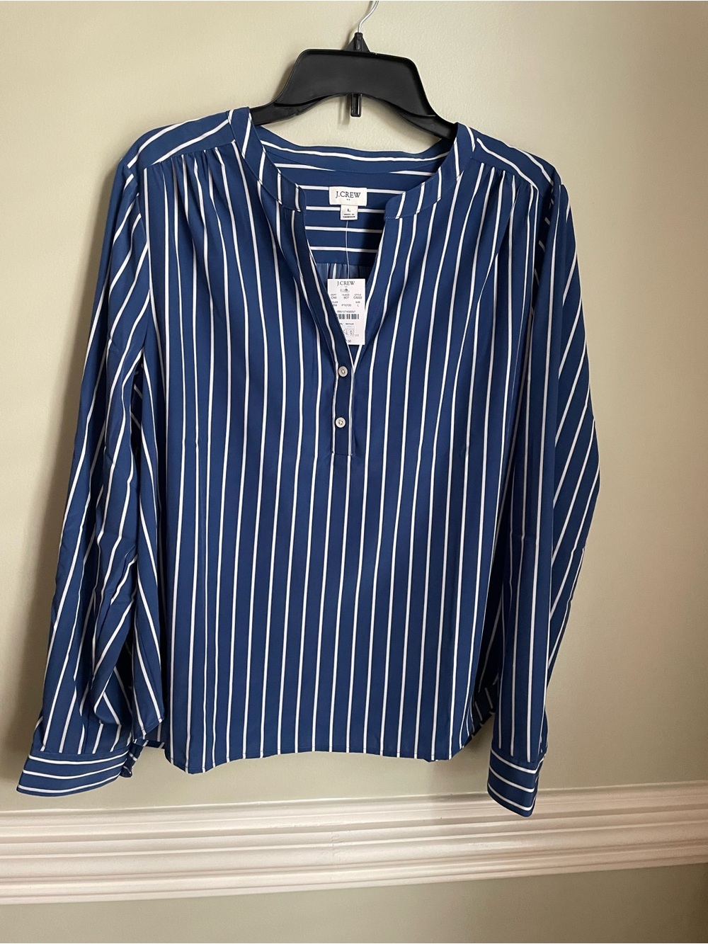 J. Crew Factory Navy and White Vertical Stripe popover Button-Front Blouse